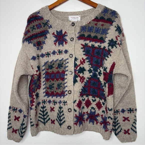 Vintage Talbots Wool Sweater Cardigan Petite Small Hand Knit Snowflakes Trees - Picture 4 of 11